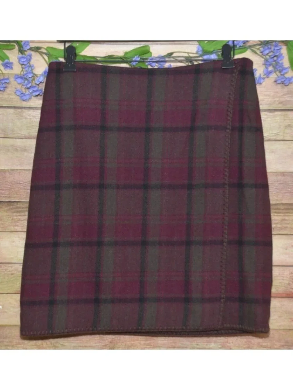 Eddie Bauer Skirt Womens 4 Wool Blend Plaid Wrap Burgundy Lined Preppy